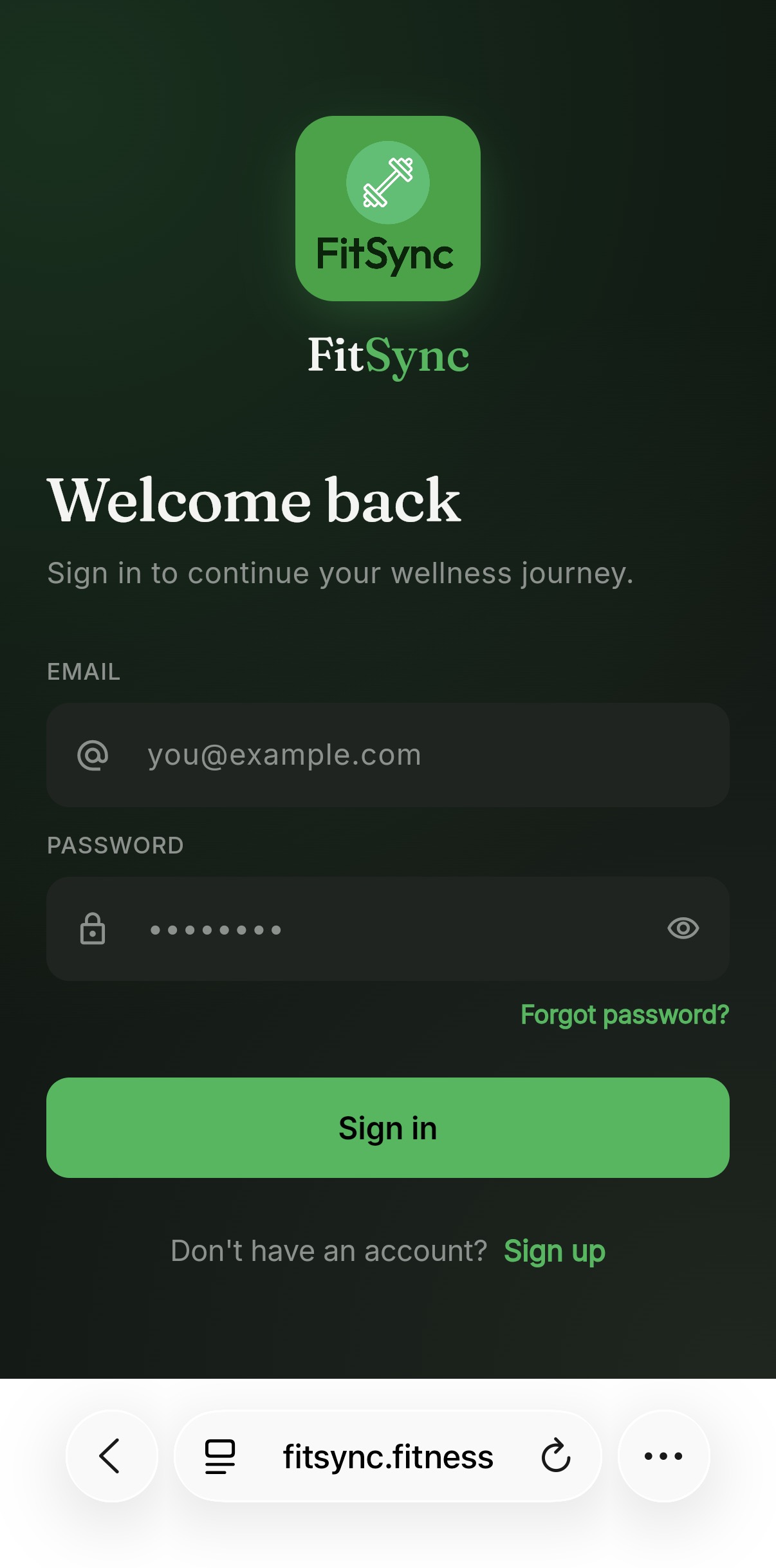 FitSync sign-in screen open in Safari on iPhone