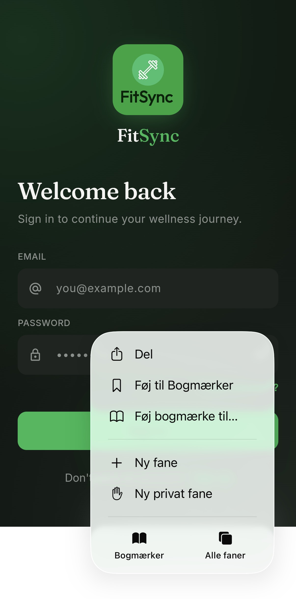 Safari context menu showing Share, Add Bookmark, New Tab