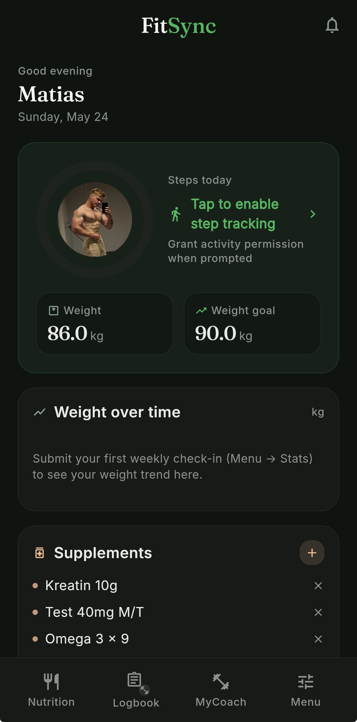 FitSync home — dashboard with steps, weight, supplements