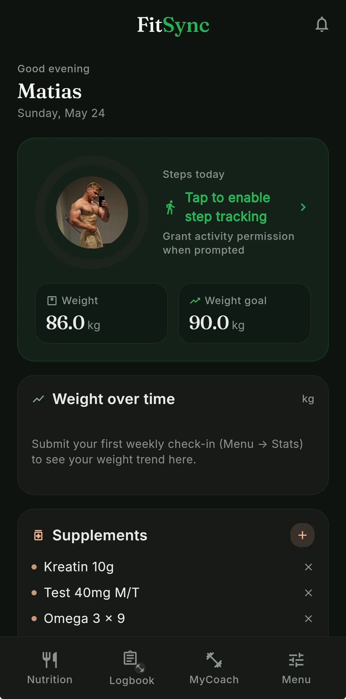 FitSync home — dashboard with steps, weight, supplements
