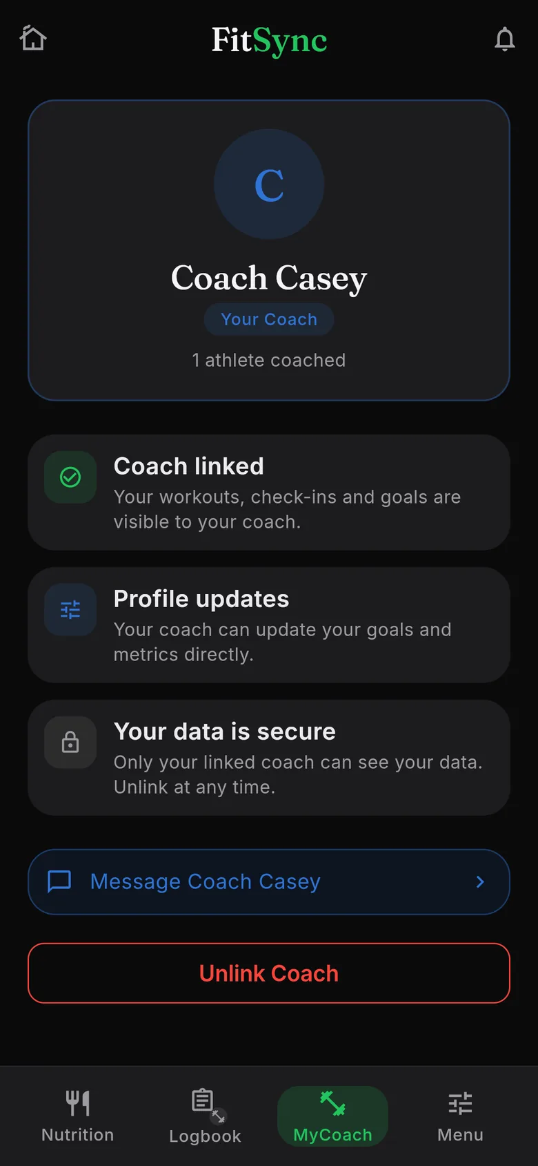 Client’s Coach tab: Coach Casey — Your Coach — Coach linked, profile updates, your data is secure, Message Coach Casey
