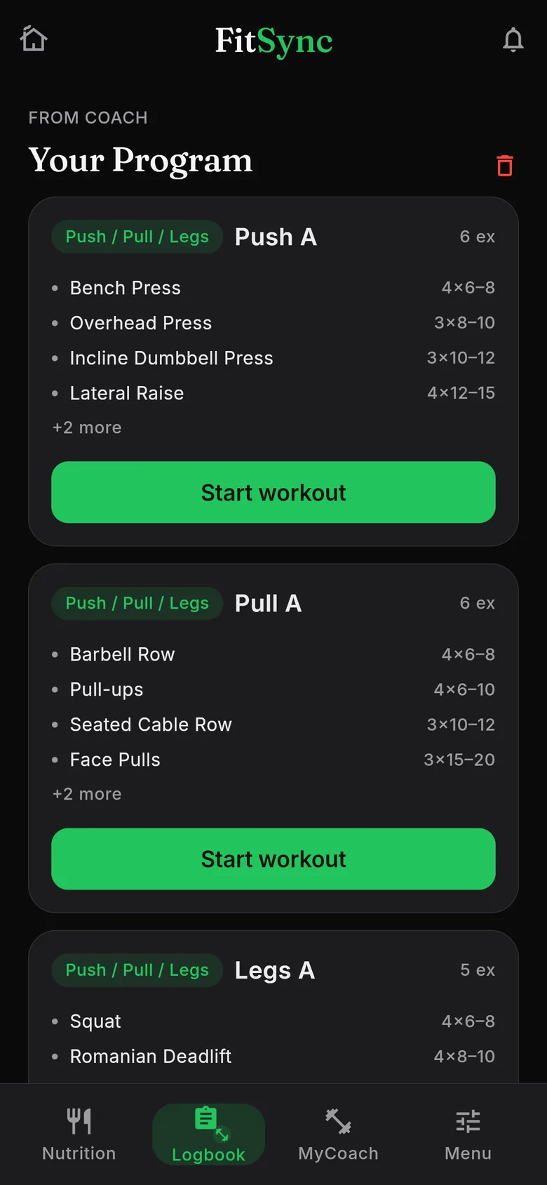 Client’s logbook: From coach — Your Program with Push A, Pull A, Legs A and Start workout buttons