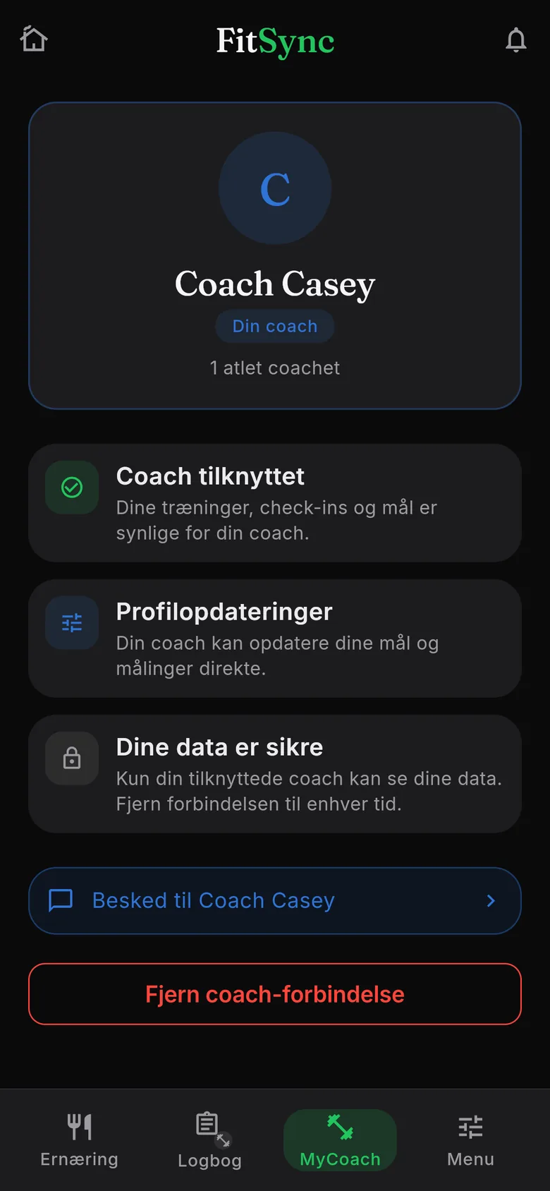 Klientens Coach-fane: Coach Casey — Din coach — Coach tilknyttet, profilopdateringer, dine data er sikre, Skriv til Coach Casey