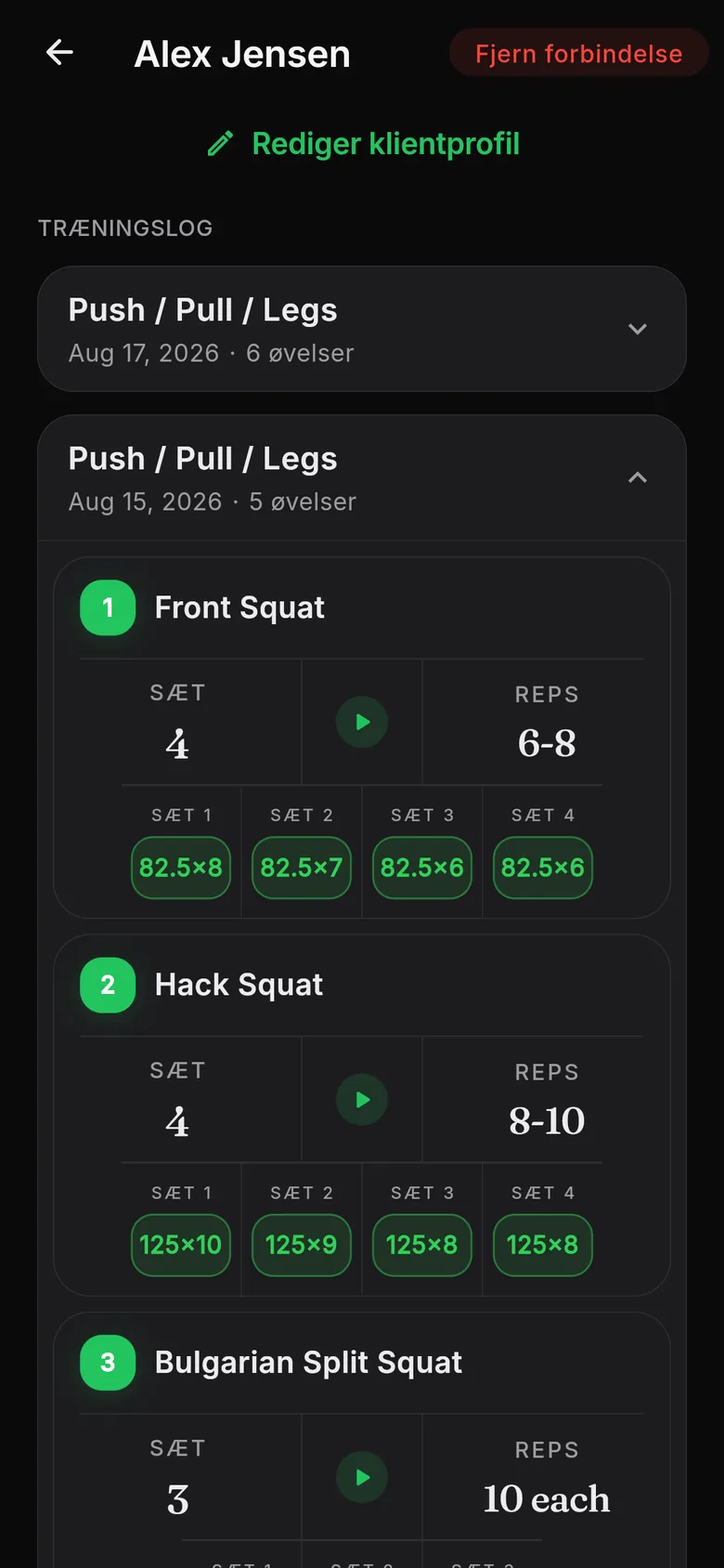 Udfoldet træning i coachens klientvisning: Front squat 4 sæt, 6–8 reps, logget 82,5×8, 82,5×7, 82,5×6, 82,5×6; Hack squat 125×10, 125×9…